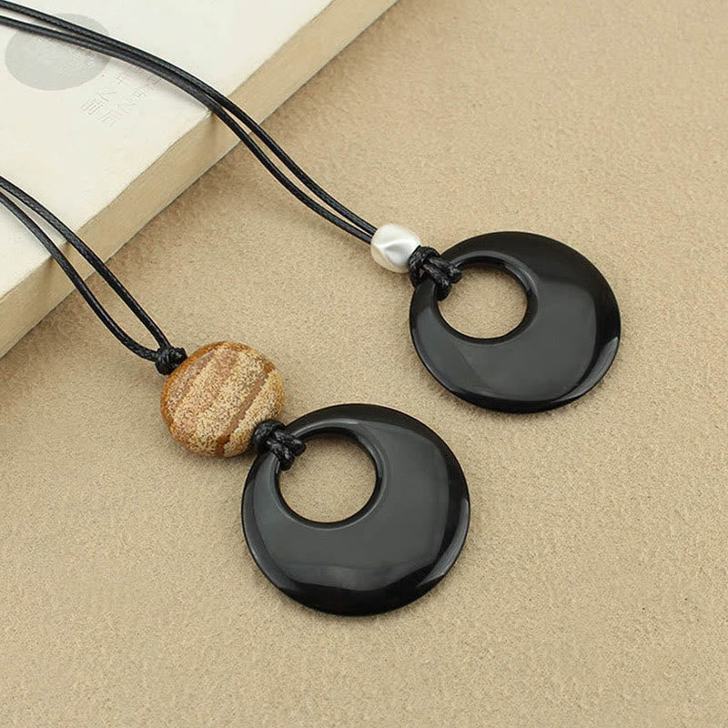 KarmaRipple's Black Obsidian Liuli Picture Stone Bronze Fulfilment Pendant Necklace p12