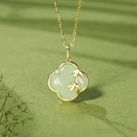 KarmaRipple's Hetian Jade 925 Sterling Silver Four Leaf Clover Bamboo Growth Pendant Necklace