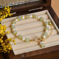 KarmaRipple's Hetian Jade Pearl Alloy Four Leaf Clover Pendent Abundance Bracelet