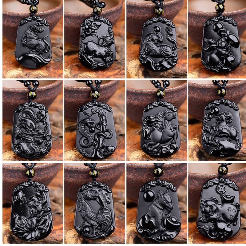 KarmaRipple's Chinese Zodiac Obsidian Purification Fulfilment Pendant Necklace p27