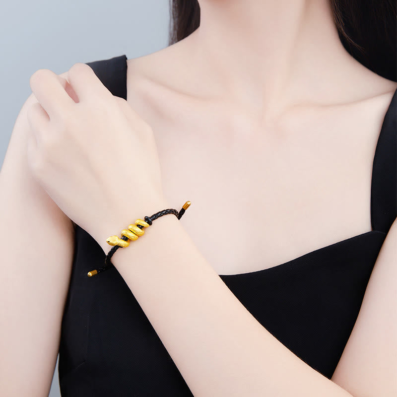 KarmaRipple's 999 Gold Snake Double Buckle Leather Cord Black Rope Year Of The Snake Protection Bracelet p4