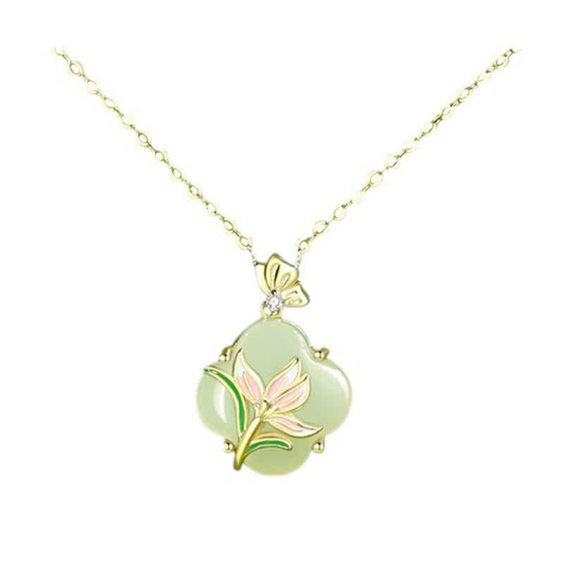 KarmaRipple's 925 Sterling Silver Magnolia Butterfly Hetian Jade Four Leaf Clover Blessing Earrings Pendant Necklace p5