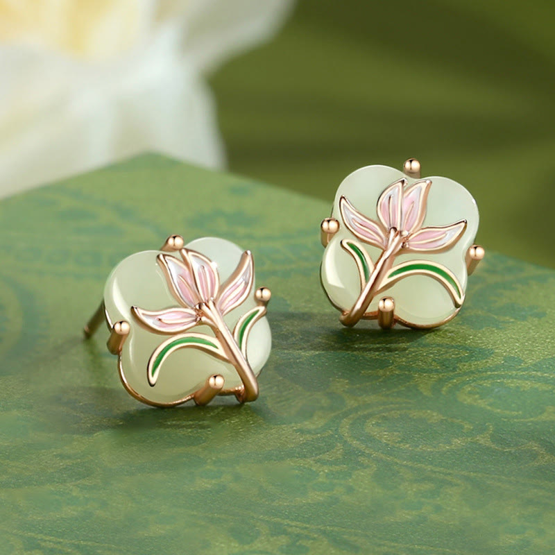 KarmaRipple's 925 Sterling Silver Magnolia Butterfly Hetian Jade Four Leaf Clover Blessing Earrings Pendant Necklace p4