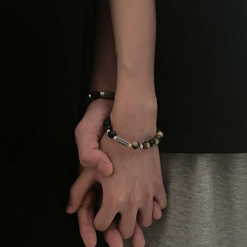 KarmaRipple's Authentic Black Obsidian Tiger's Eye Six True Words 'om Mani Padme Hum' Strength Love Bracelet p9