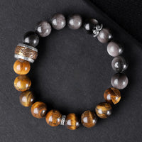 KarmaRipple's Authentic Silver Sheen Obsidian Tiger's Eye Six True Words 'Om Mani Padme Hum' Strength Bracelet
