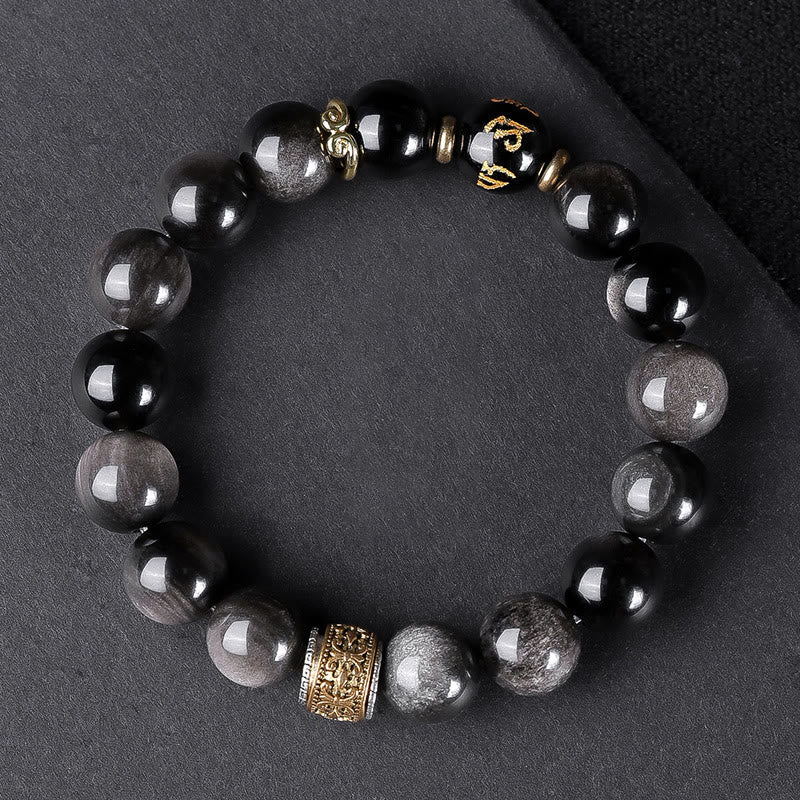 KarmaRipple's Authentic Silver Sheen Obsidian Tiger's Eye Six True Words 'Om Mani Padme Hum' Strength Bracelet p20
