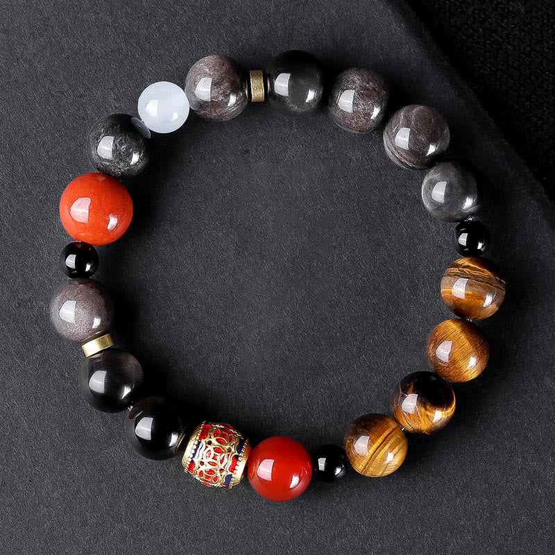 KarmaRipple's Authentic Silver Sheen Obsidian Tiger's Eye Six True Words 'Om Mani Padme Hum' Strength Bracelet p23