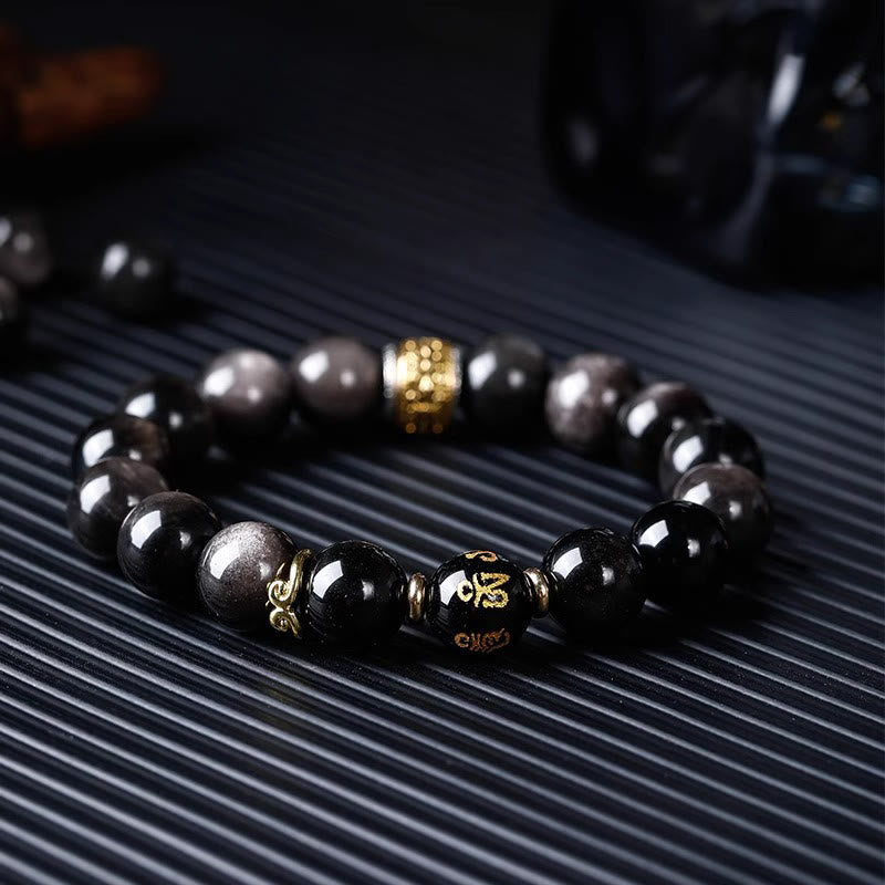 KarmaRipple's Authentic Silver Sheen Obsidian Tiger's Eye Six True Words 'Om Mani Padme Hum' Strength Bracelet p18