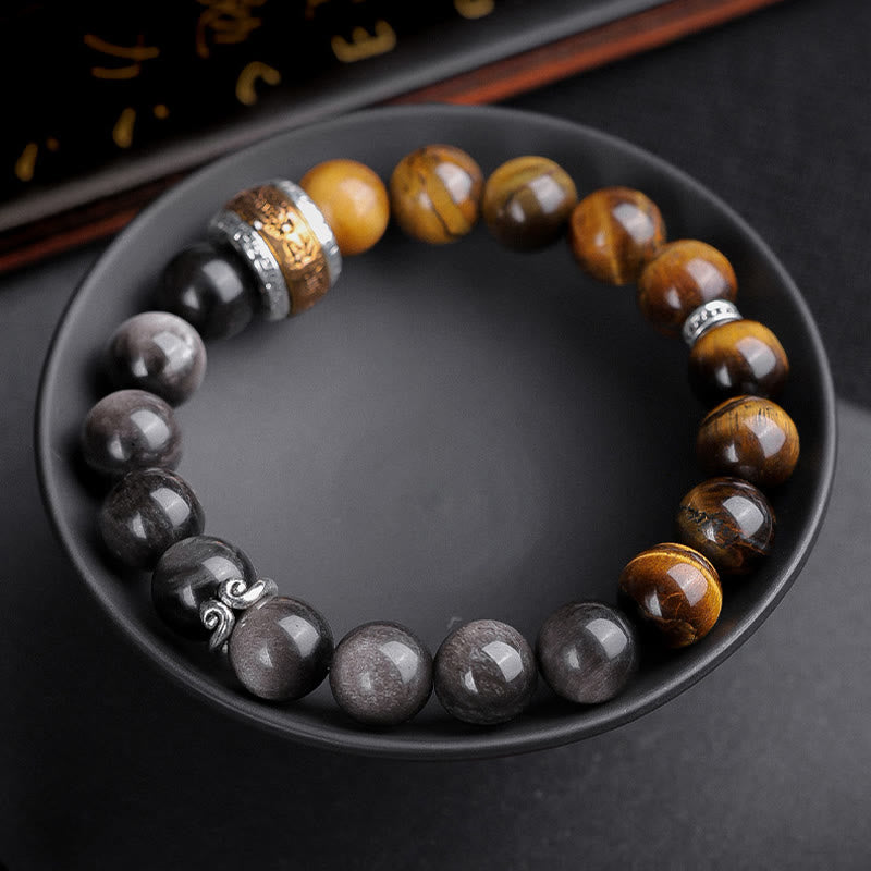 KarmaRipple's Authentic Silver Sheen Obsidian Tiger's Eye Six True Words 'Om Mani Padme Hum' Strength Bracelet p14