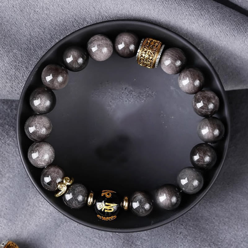 KarmaRipple's Authentic Silver Sheen Obsidian Tiger's Eye Six True Words 'Om Mani Padme Hum' Strength Bracelet p17