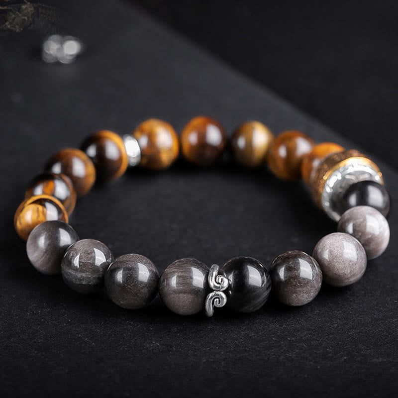 KarmaRipple's Authentic Silver Sheen Obsidian Tiger's Eye Six True Words 'Om Mani Padme Hum' Strength Bracelet p15