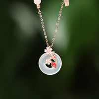 KarmaRipple's Chalcedony Pink Gemstone 925 Sterling Silver Flowers Koi Fish Peace Buckle Positive Pendant Necklace