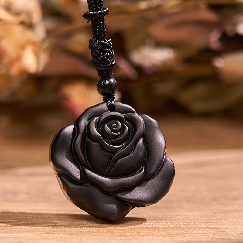 KarmaRipple's Black Obsidian String Black Rose Purification Pendant Necklace p2