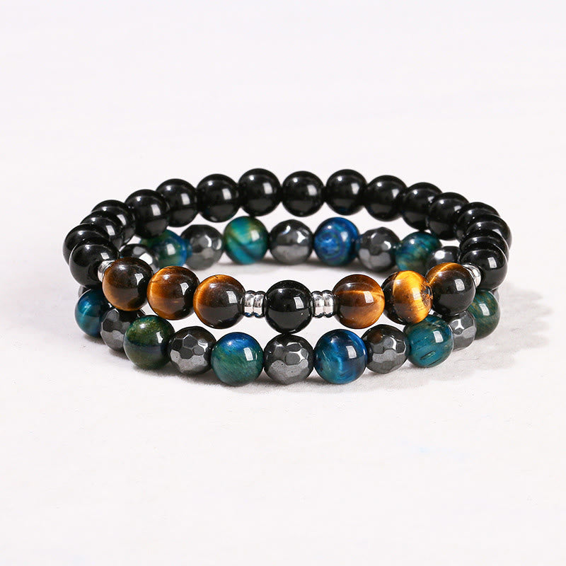 KarmaRipple's 2Pcs Hematite Tiger Eye Blue Tiger Eye Powerful Bracelet Set p1