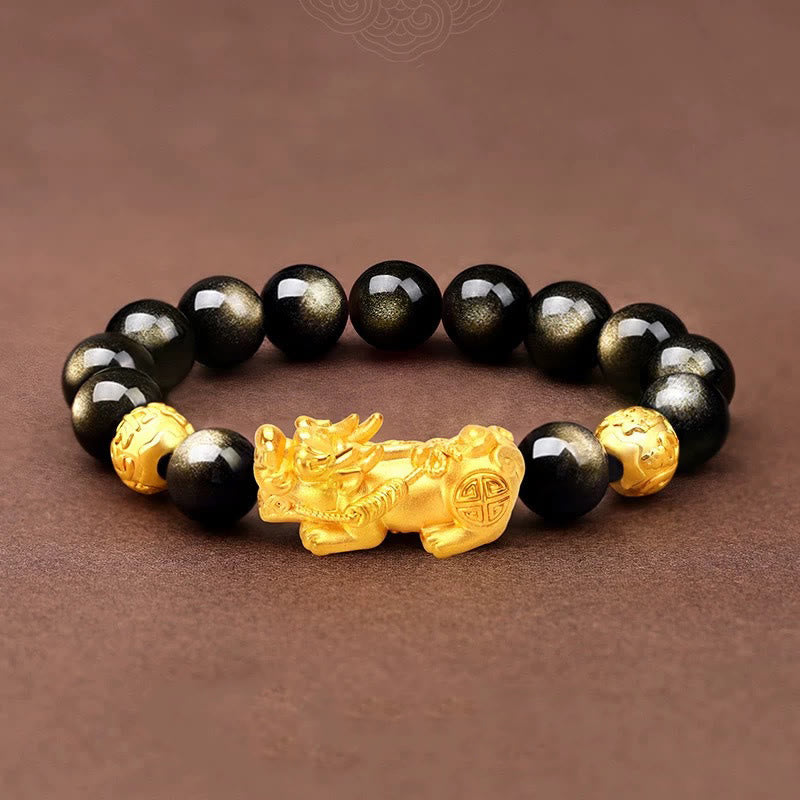 KarmaRipple's Authentic Gold Sheen Obsidian PiXiu Om Mani Padme Hum Wealth Bracelet p2