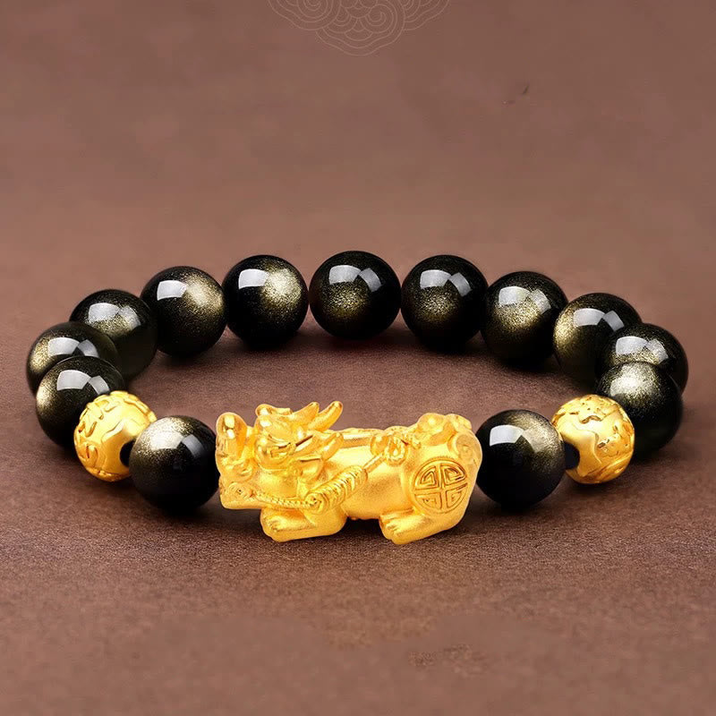 KarmaRipple's Authentic Gold Sheen Obsidian PiXiu Om Mani Padme Hum Wealth Bracelet p14