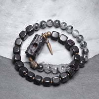 KarmaRipple's Ebony Wood Black Rutilated Quartz Bronze Brass Double Wrap Balance Bracelet