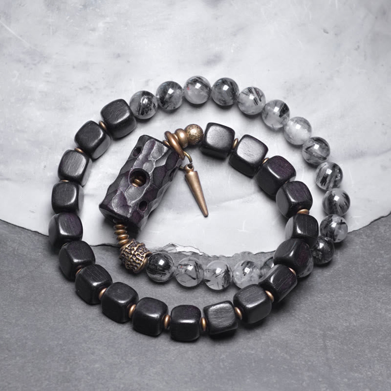 KarmaRipple's Ebony Wood Black Rutilated Quartz Bronze Brass Double Wrap Balance Bracelet p15