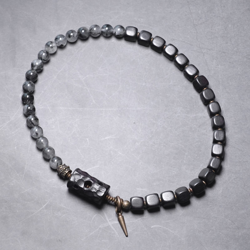 KarmaRipple's Ebony Wood Black Rutilated Quartz Bronze Brass Double Wrap Balance Bracelet p11