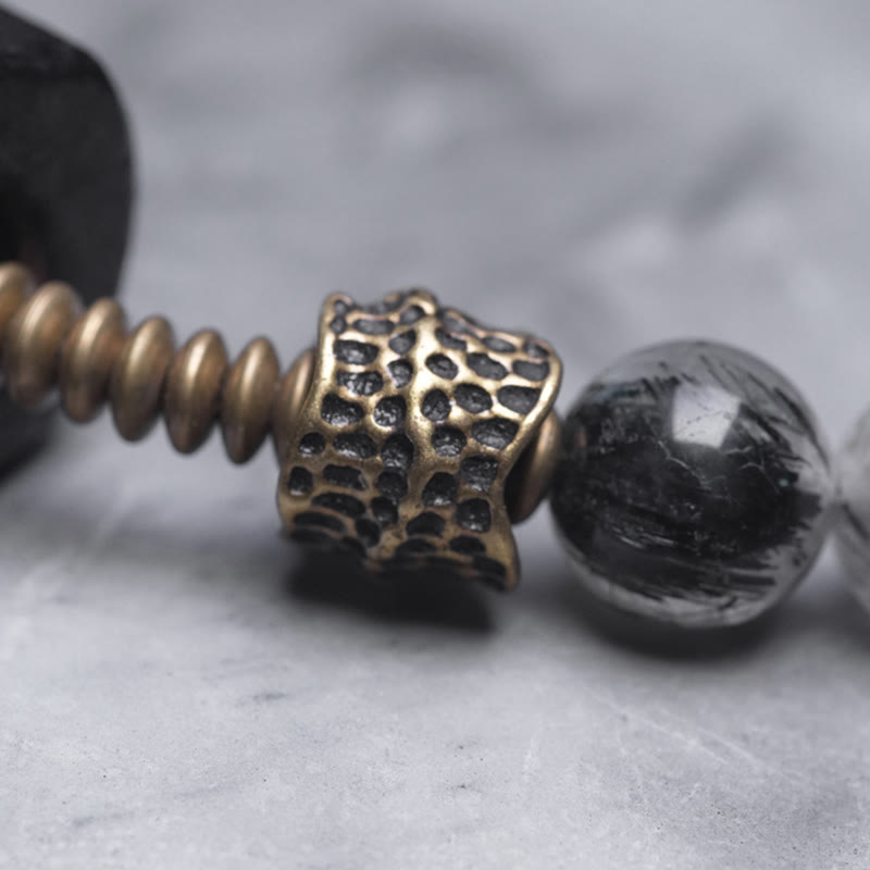 KarmaRipple's Ebony Wood Black Rutilated Quartz Bronze Brass Double Wrap Balance Bracelet p10