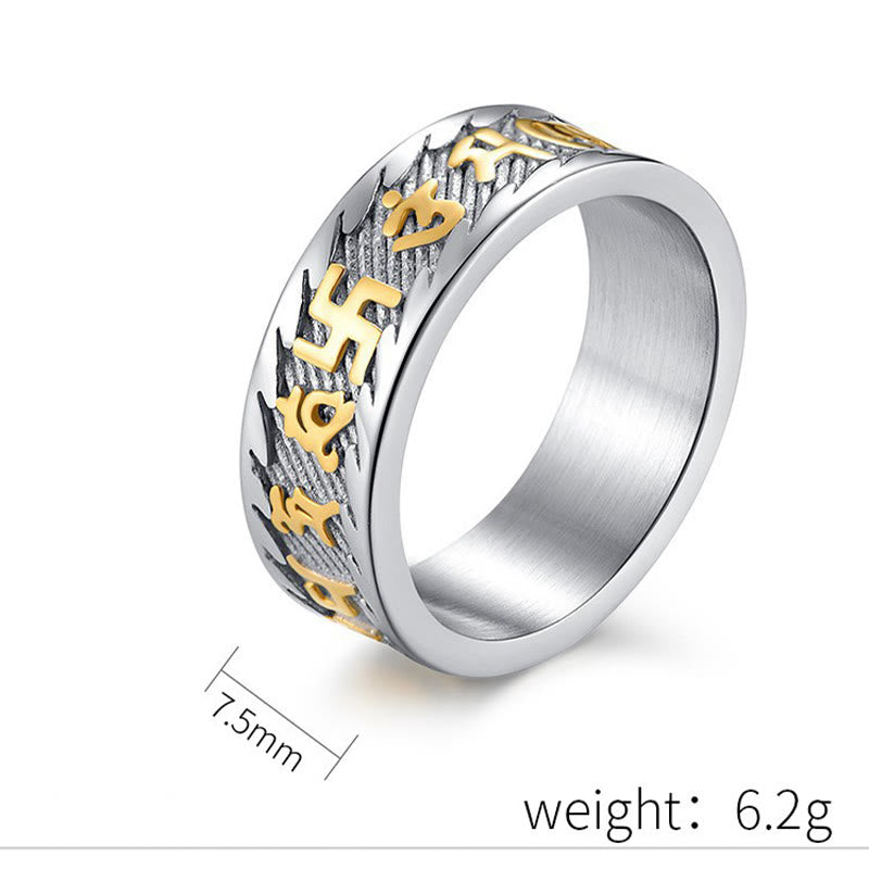 KarmaRipple's Six True Words Om Mani Padme Hum Swastika Titanium Steel Peace Ring p7