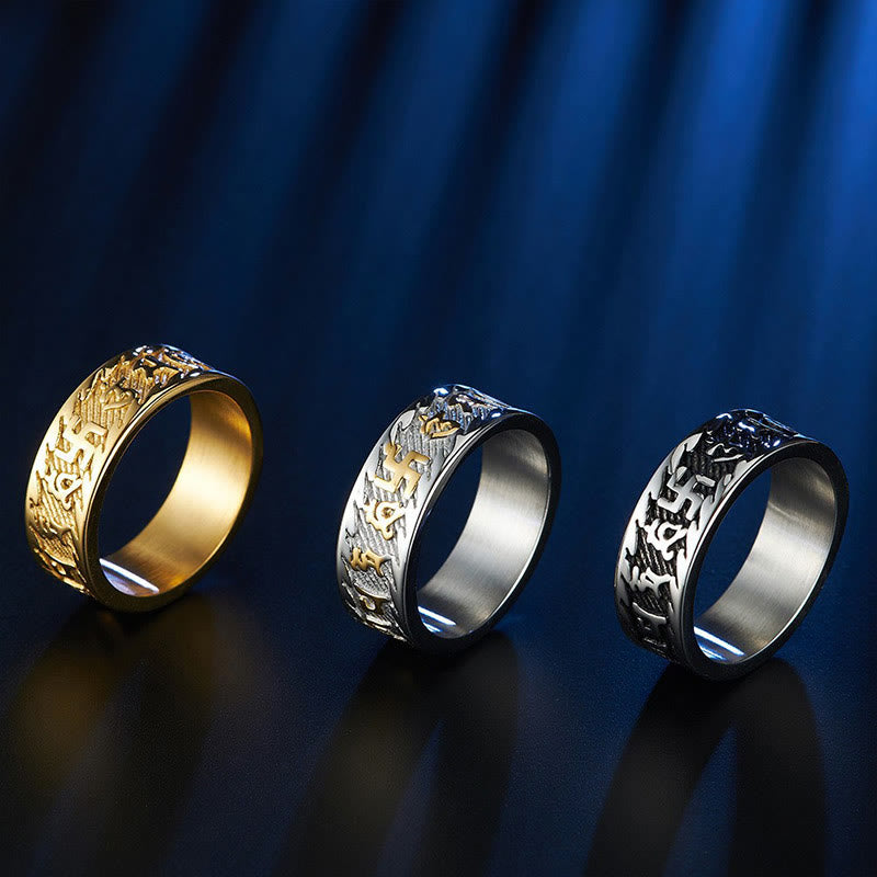 KarmaRipple's Six True Words Om Mani Padme Hum Swastika Titanium Steel Peace Ring p4