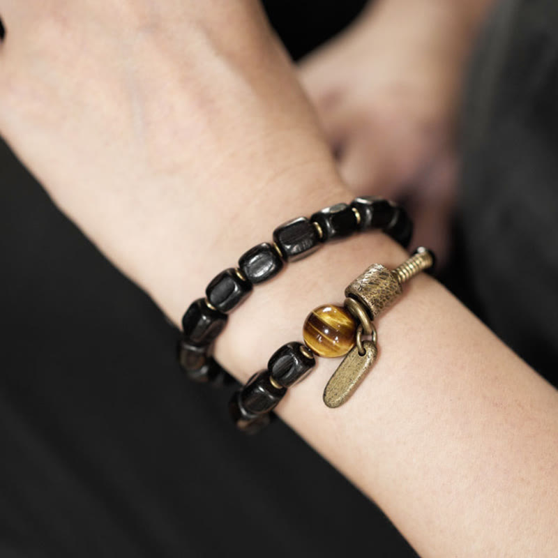 KarmaRipple's Ebony Wood Bronze Brass Tiger Eye Peace Double Wrap Bracelet p13