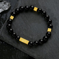 KarmaRipple's Black Obsidian 925 Sterling Silver Fu Character Cube Strength Bracelet