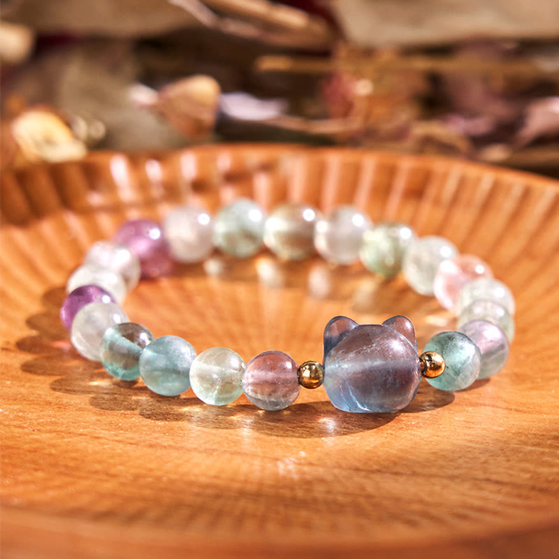 KarmaRipple's Amethyst Green Aventurine Rose Quartz Fluorite Cat Head Balance Fortune Bracelet p24
