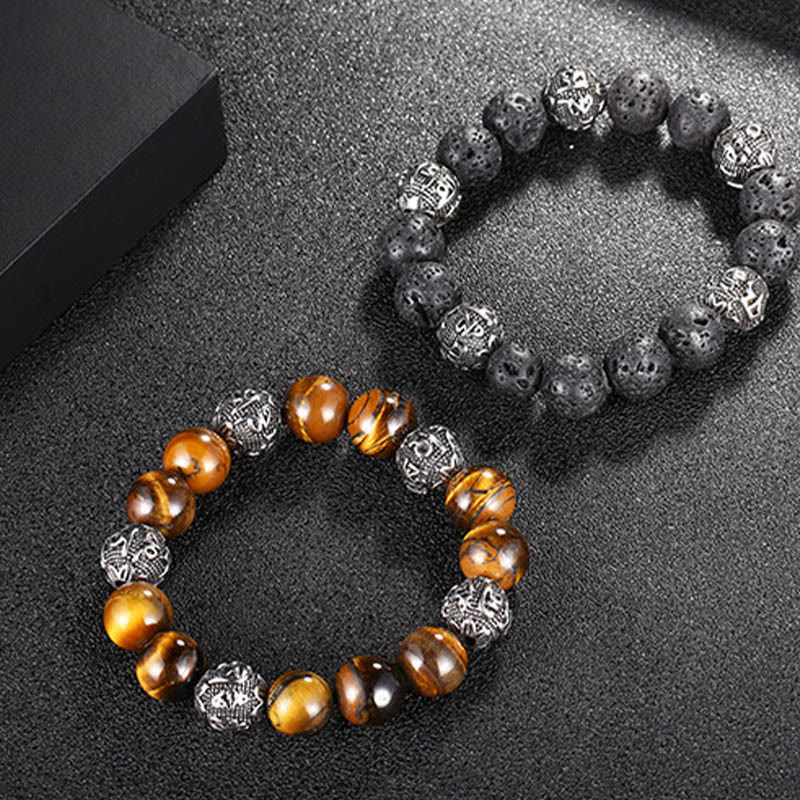 KarmaRipple's Authentic Lava Rock Tiger Eye Titanium Steel Six-True-Words Om Mani Padme Hum Balancing Bracelet p17