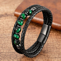 KarmaRipple's Tiger Eye Lava Rock Hematite Black Onyx Bead Positive Leather Bracelet