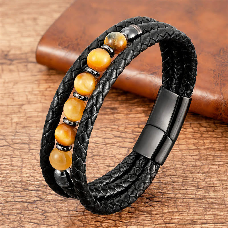 KarmaRipple's Tiger Eye Lava Rock Hematite Black Onyx Bead Positive Leather Bracelet p4