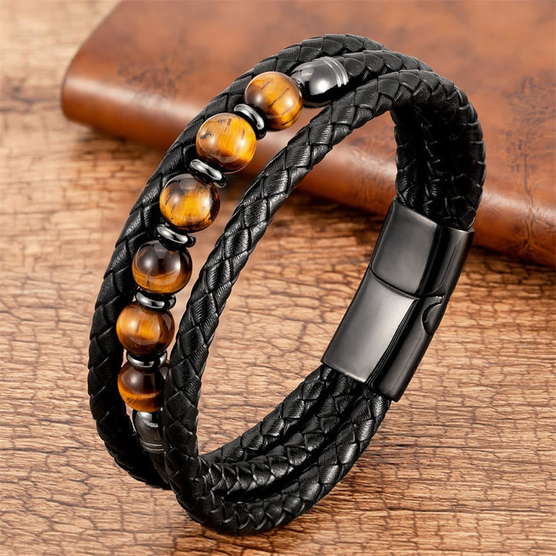 KarmaRipple's Tiger Eye Lava Rock Hematite Black Onyx Bead Positive Leather Bracelet p45
