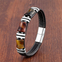 KarmaRipple's Tiger Eye Three Bamboo Stone Protection Power Leather Bracelet