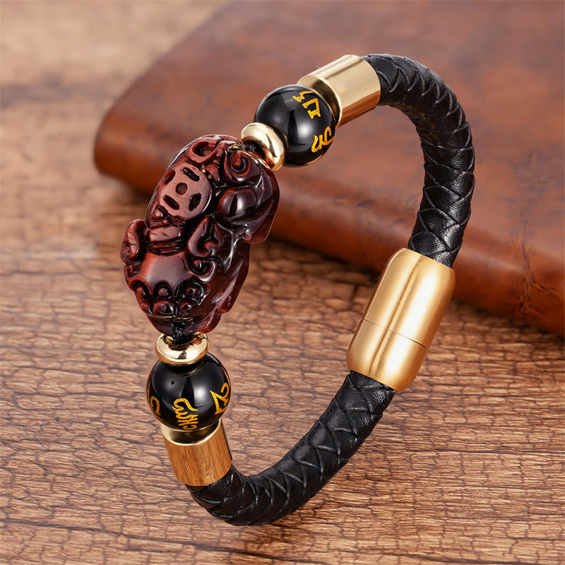 KarmaRipple's Tiger Eye Black Onyx Red Agate PiXiu Bronze Coin Om Mani Padme Hum Strength Leather Bracelet p27