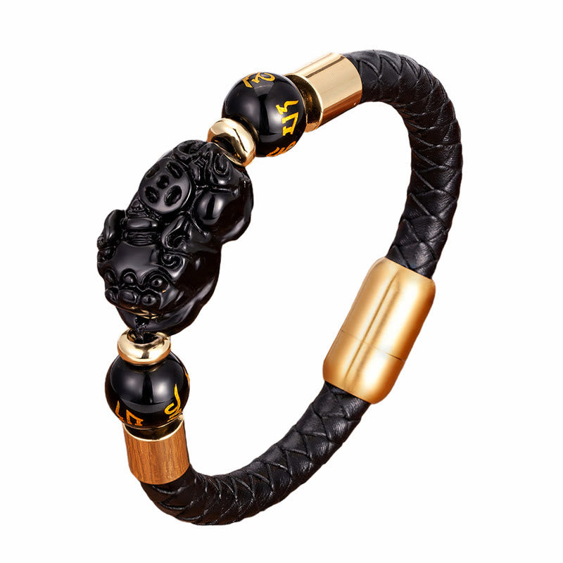 KarmaRipple's Tiger Eye Black Onyx Red Agate PiXiu Bronze Coin Om Mani Padme Hum Strength Leather Bracelet p10