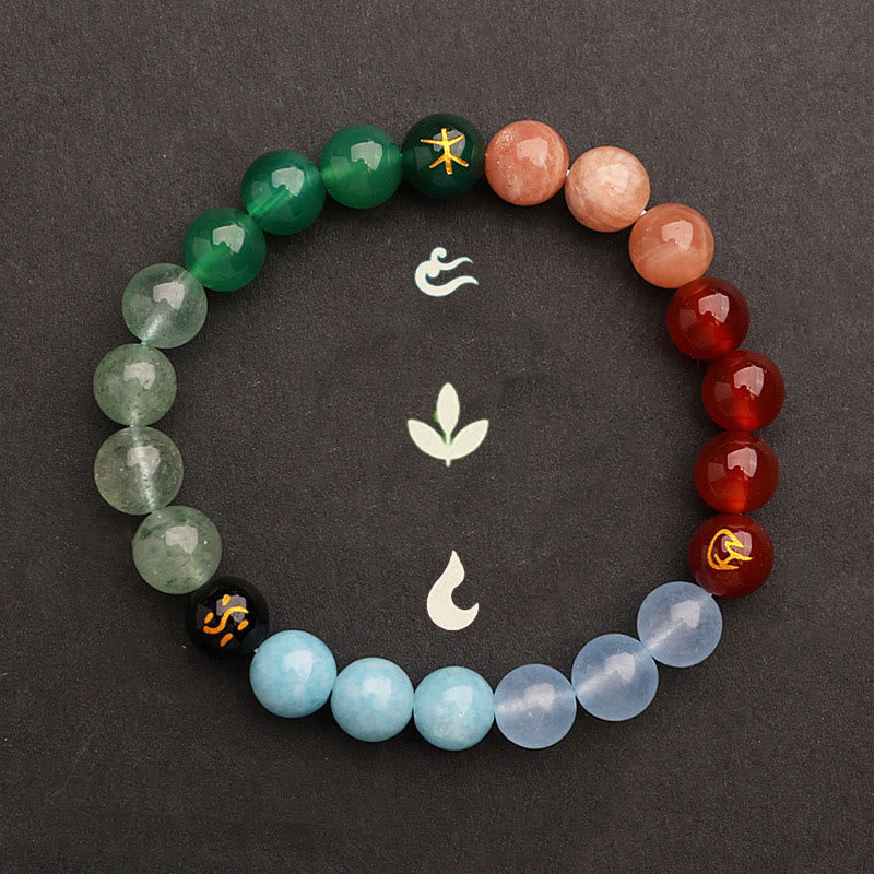 KarmaRipple's Five Elements Various Agate Gemstone Green Strawberry Quartz Sun Stone Wealth Bracelet p44