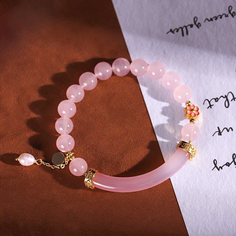 KarmaRipple's Pink Gemstone Blue Chalcedony Pearl Cuff Half Bracelet Bangle p6