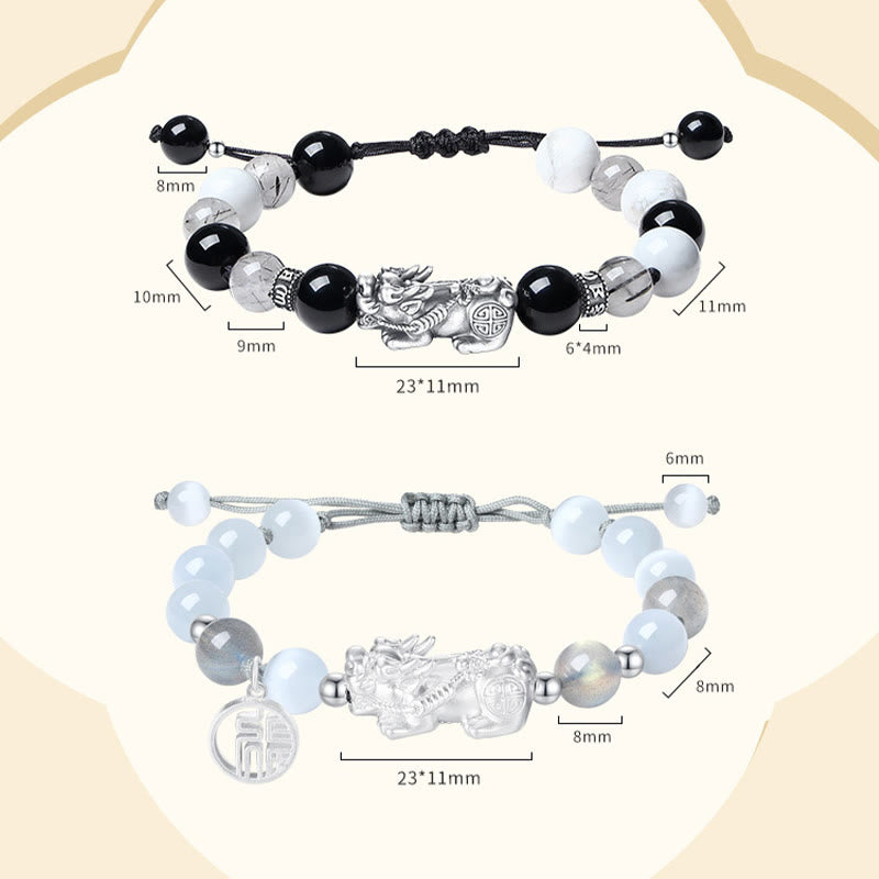 KarmaRipple's Pi Xiu Six True Words 999 Sterling Silver Black Obsidian Ivory Turquoise Chrysoberyl Fortune Bracelet p24