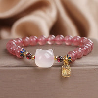 KarmaRipple's Strawberry Quartz Ivory Jade Cat Fu Character Balancing Bracelet
