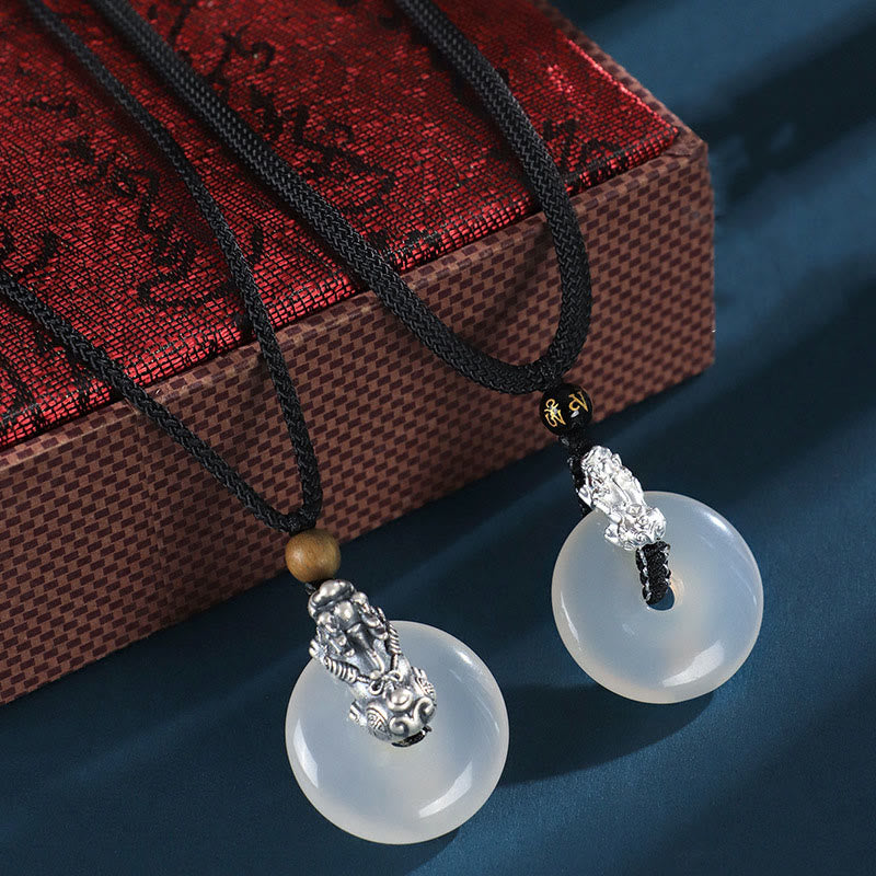 KarmaRipple's Ivory Agate 999 Sterling Silver Black Onyx Green Sandalwood Pi Xiu Peace Buckle Six True Words Pendant Necklace p9