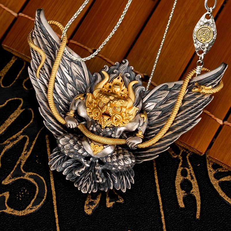 KarmaRipple's 925 Sterling Silver Tibetan Garuda Bird Dragon Snake Wisdom Pendant Necklace p27