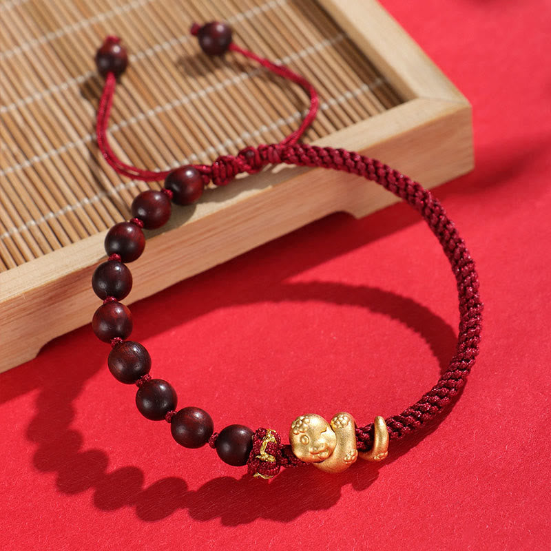 KarmaRipple's Small Leaf Red Sandalwood Ebony Wood Beadwork 999 Year Of The Snake Cotton Rope Protection Woven Bracelet p3