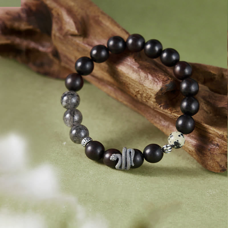 KarmaRipple's Ebony Wood Black Rutilated Quartz 925 Sterling Silver Year Of The Snake Balance Bracelet p3