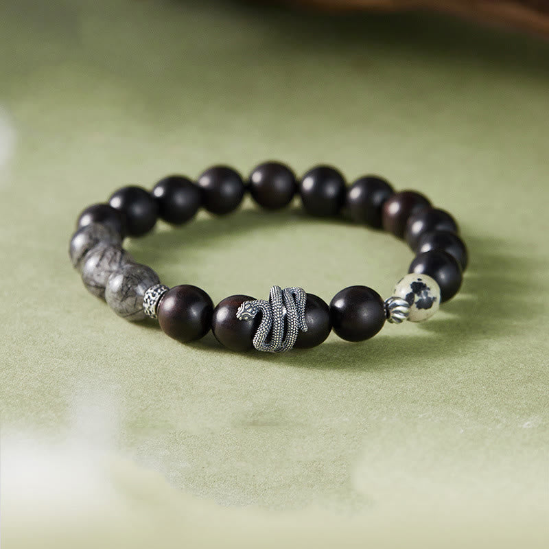 KarmaRipple's Ebony Wood Black Rutilated Quartz 925 Sterling Silver Year Of The Snake Balance Bracelet p13