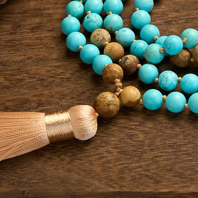 KarmaRipple's 108 Mala Beadwork Turquoise Picture Jasper Bead Tassel Balance Bracelet p7