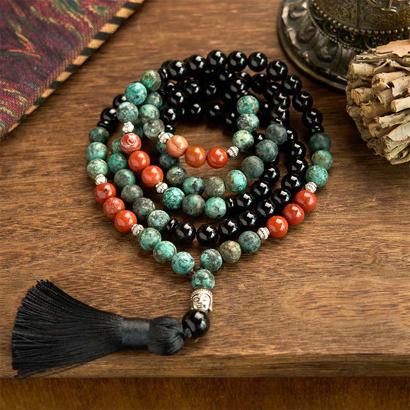 KarmaRipple's 108 Mala Authentic Black Onyx Red Jasper Turquoise Beadwork Buddha Head Tassel Protection Bracelet p12
