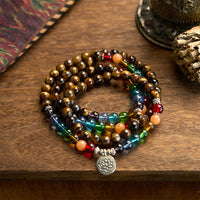 KarmaRipple's 108 Mala Beadwork Authentic Stone Tiger Eye Colored Beadwork Lotus Protection Bracelet
