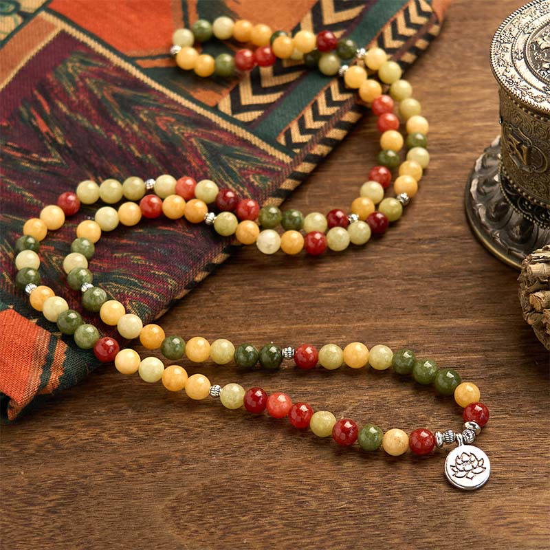 KarmaRipple's 108 Mala Beadwork Authentic Colored Stone Topaz Red Jasper Green Jasper Lotus Protection Bracelet p3
