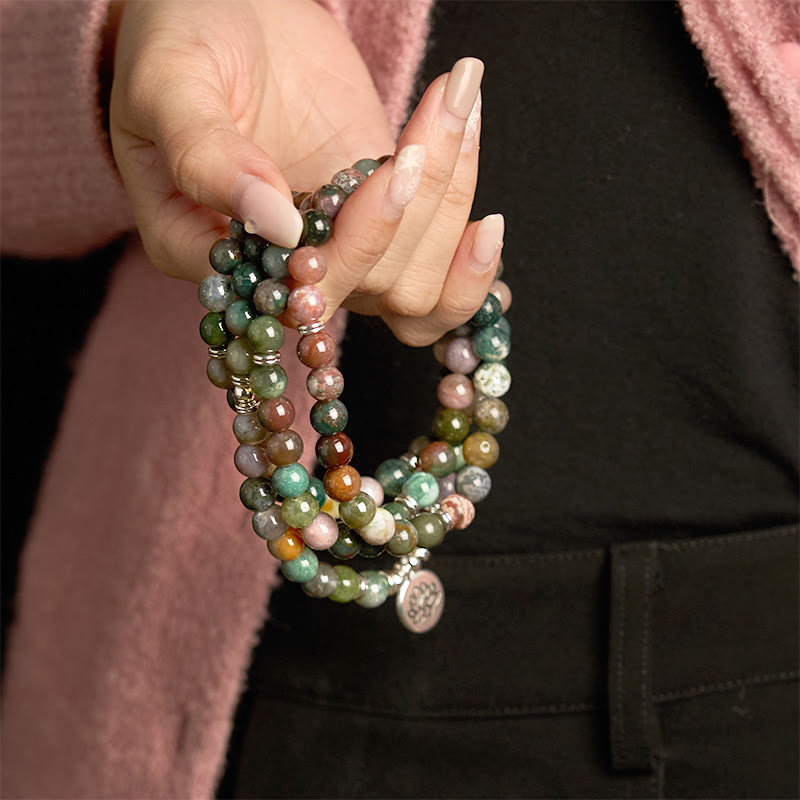 KarmaRipple's 108 Mala Beadwork Authentic Stone Indian Agate Lotus Calm Bracelet p6